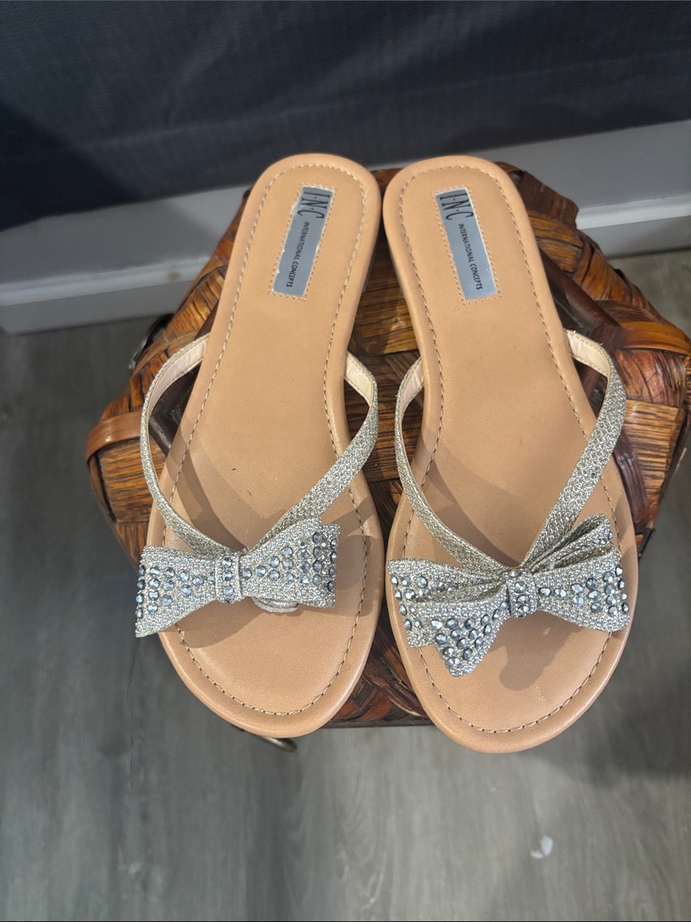 INC International Concepts Silver Crystal Bow Slide Sandals